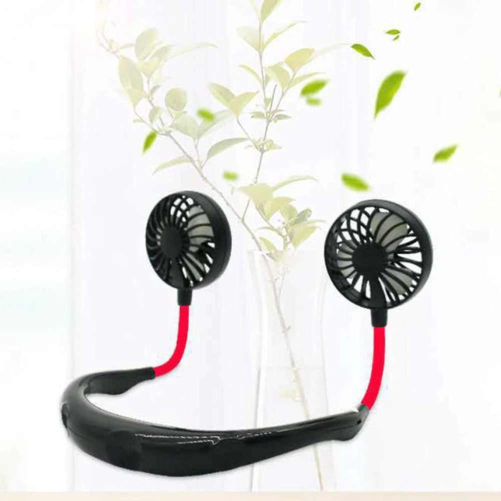 Hand Free Sports Dual Fan Portable Neck Band Hanging USB Battery Rechargeable Mini Cooler Fan