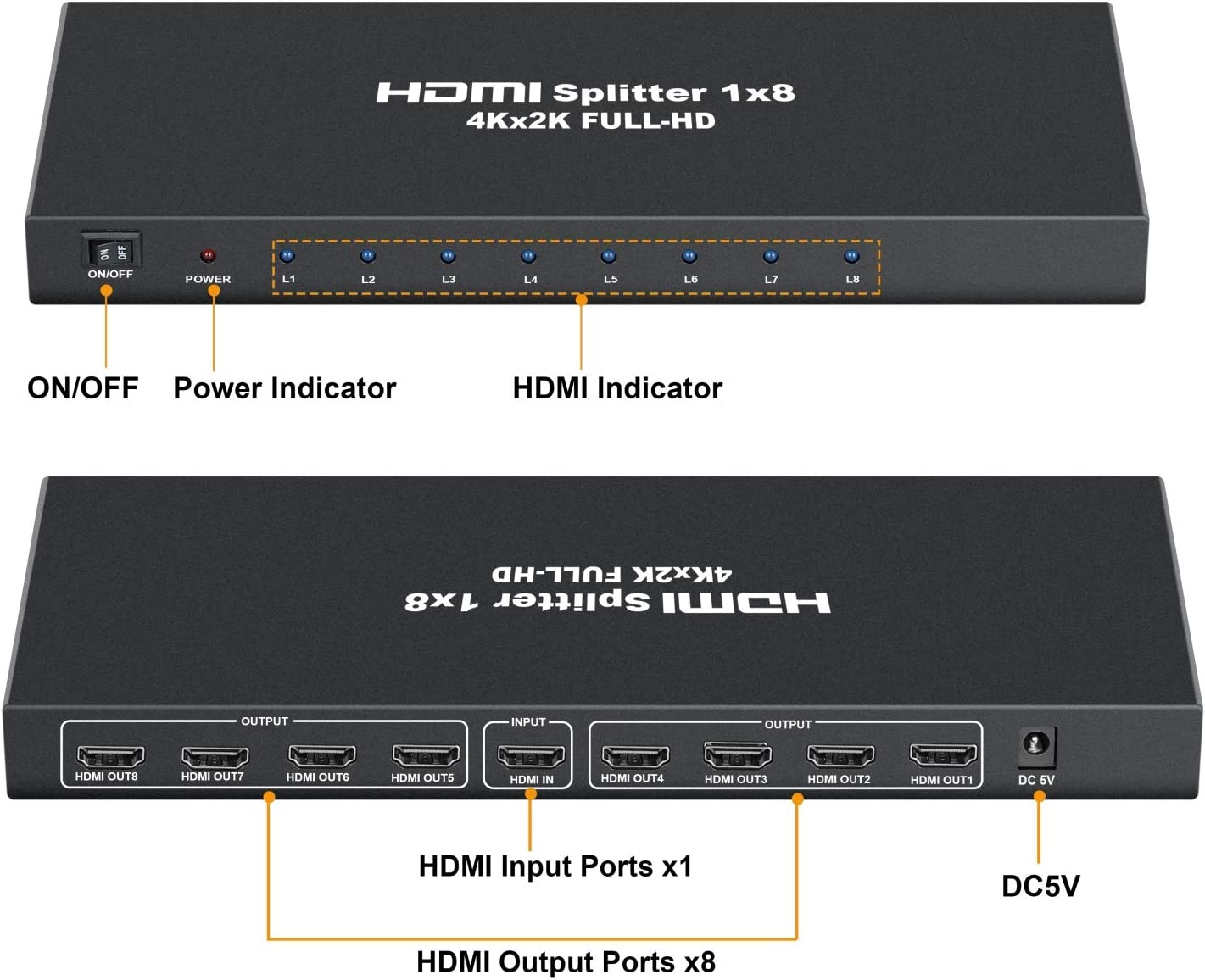 4K 1×8 HDMI Splitter One In Eight Out Powered 8way HDMI Splitter Support Full HD Audio Video Distributor Amplifier With Charger