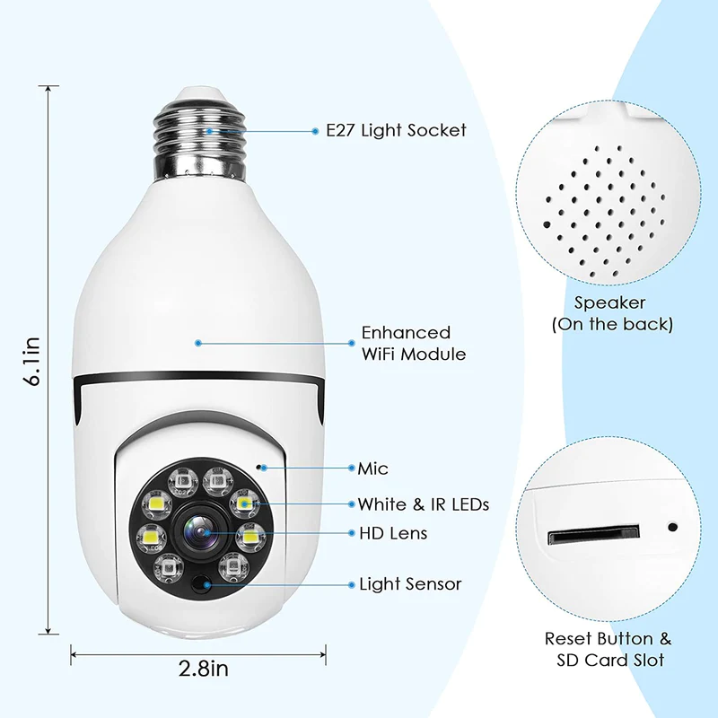 960P Panoramic Wifi Wireless Bulb IP Camera 360 Degree Night Vision TF Card Recording