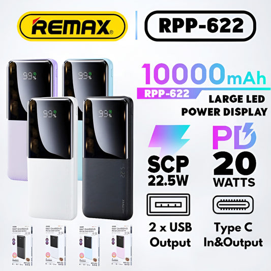 RPP-622 Remax 10000mAh LED Display, PD+QC 20w+22.5W Fast Charging Multi-Device Compatibility Powerbank