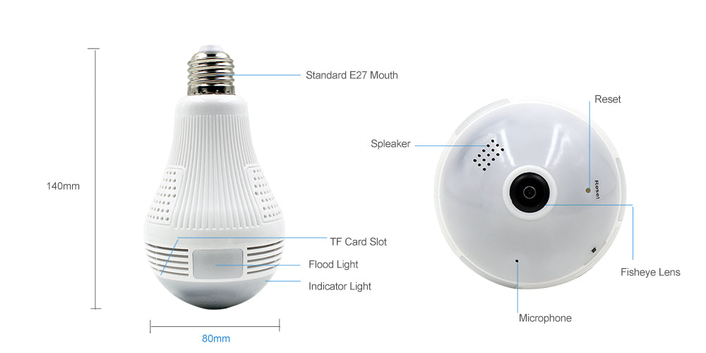 960P Panoramic Wifi Wireless Bulb IP Camera 360 Degree Night Vision TF Card Recording